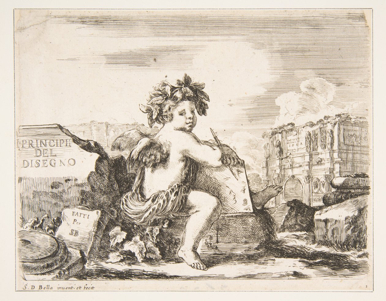 Ilustração 1: o gênio do desenho, uma criança com asas, sentada em uma pedra no centro da curva ..., ca. 1641-43. de Stefano della Bella