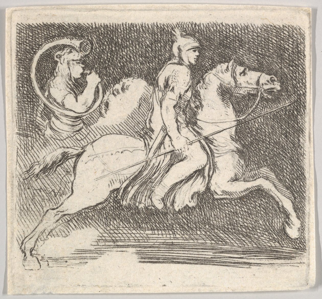 Ilustração 20: um soldado de perfil galopando para a direita segurando uma lança na mão direita..., c. 1646. de Stefano della Bella