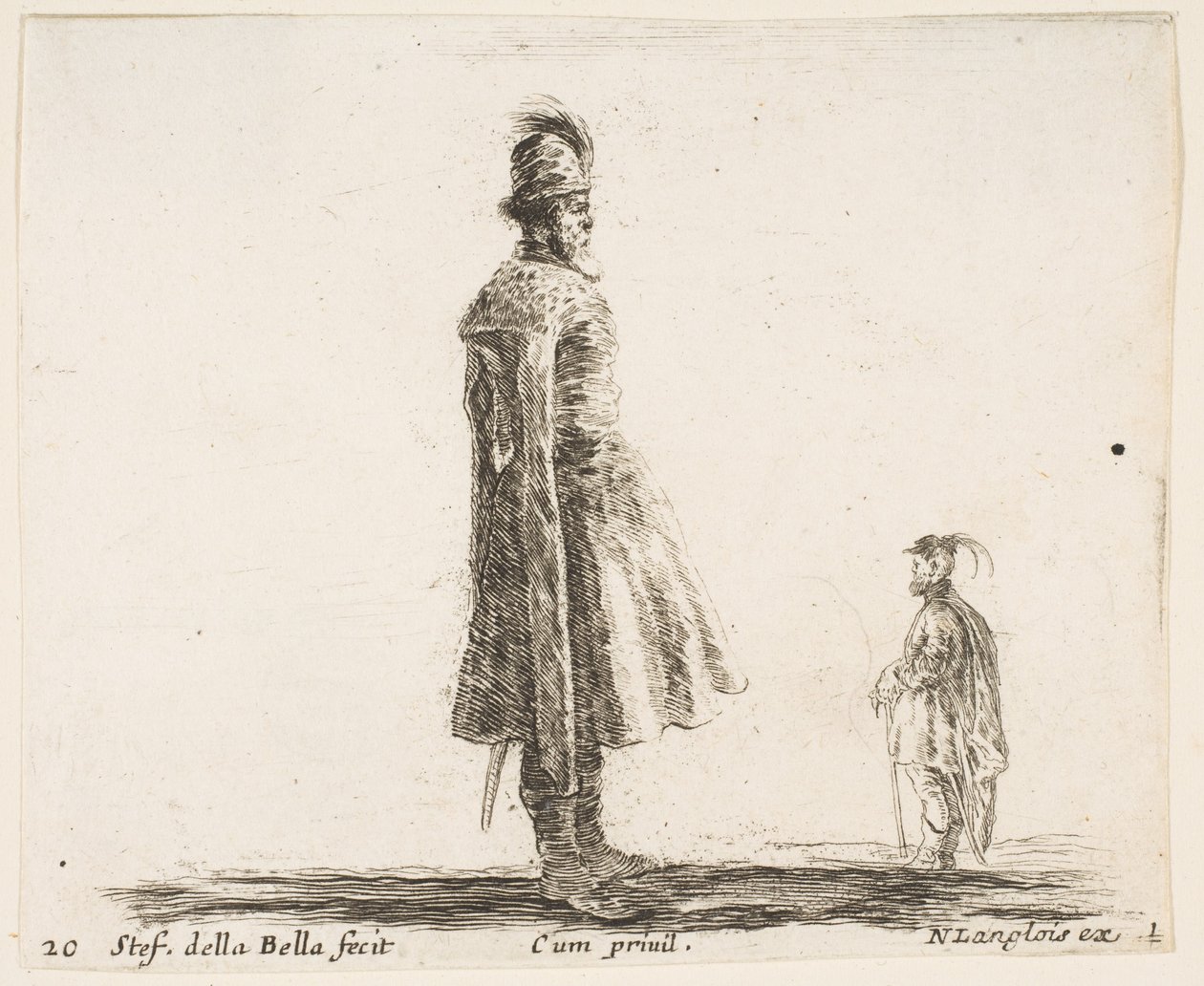 Ilustração 20: um velho nobre polonês vestindo um chapéu emplumado no centro, em pé em perfil ..., ca. 1644-47. de Stefano della Bella