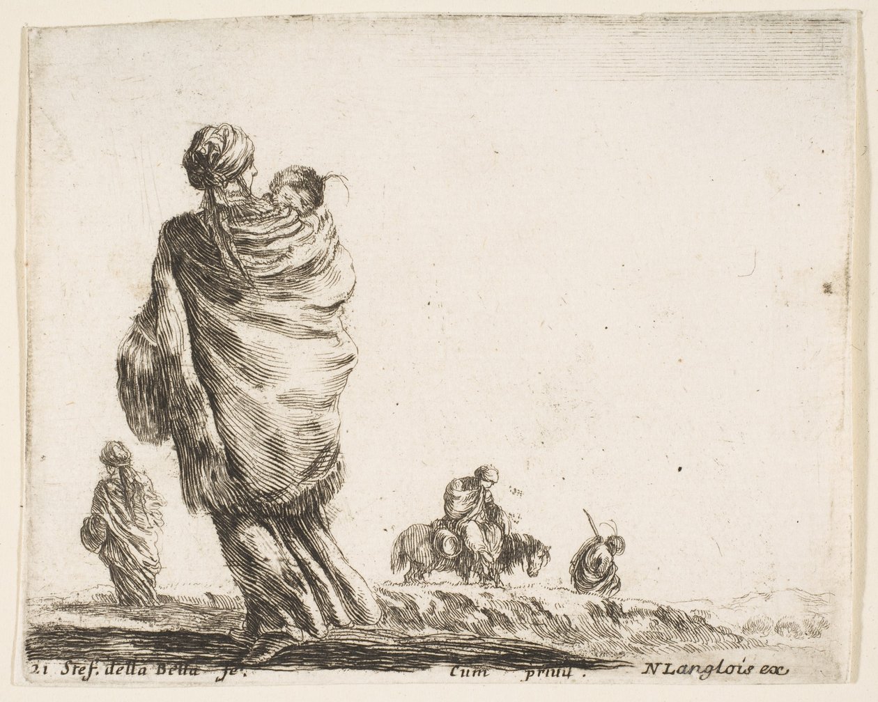 Placa 21: uma pobre mulher para sair, vista por trás, envolvendo seu filho em um xale..., ca. 1644-47. de Stefano della Bella