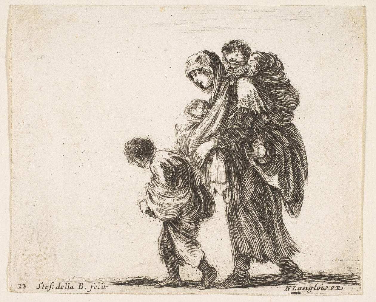 Ilustração 22: uma mendiga com três filhos, um filho nos ombros, um filho ..., ca. 1644-47. de Stefano della Bella
