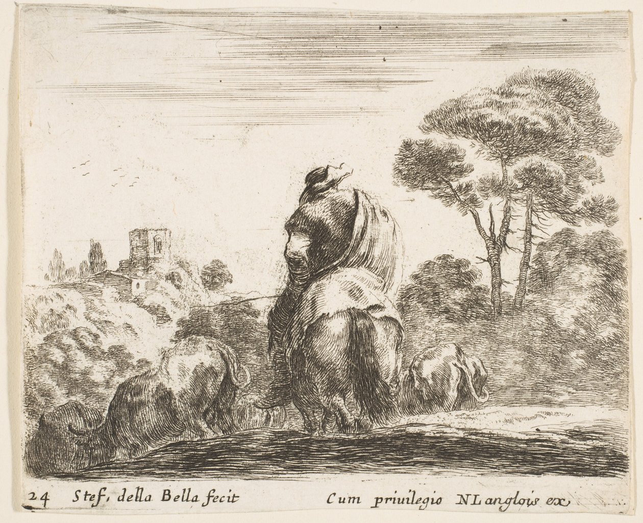 Ilustração 24: pastor em cima de um cavalo, visto por trás, conduz seu gado morro abaixo, uma ..., ca. 1644-47. de Stefano della Bella