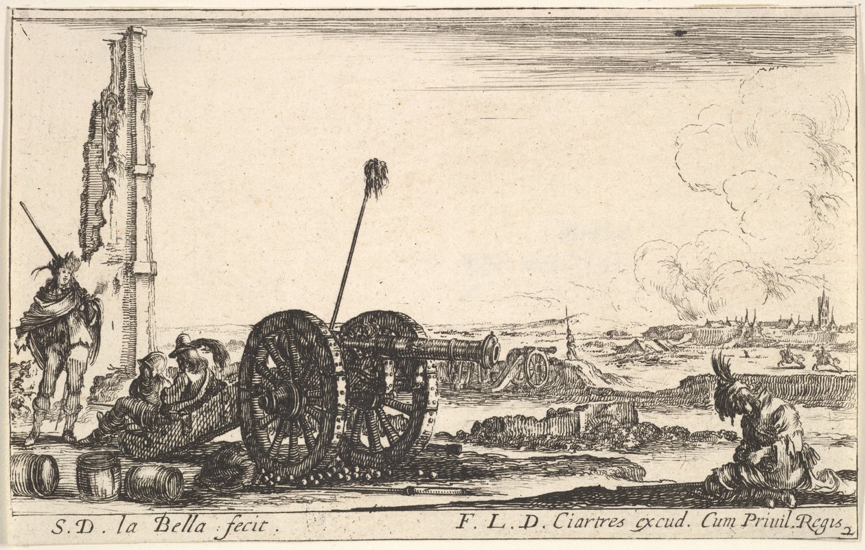 Ilustração 2: Um canhão à esquerda, uma cidade ao fundo, de Various Military Capric ..., ca. 1641 de Stefano della Bella