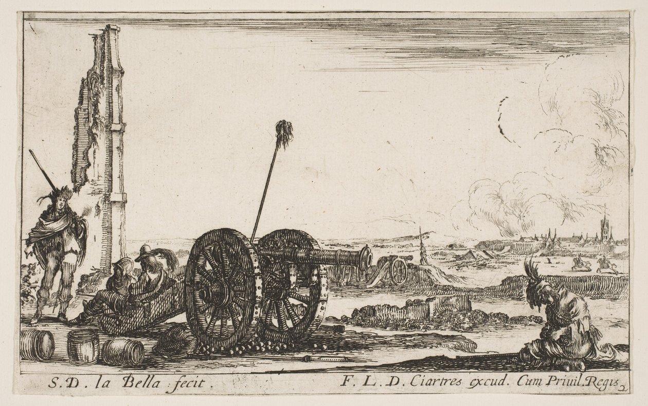 Ilustração 2: Um canhão à esquerda, uma cidade ao fundo, de Various Military Capric ..., ca. 1641 de Stefano della Bella