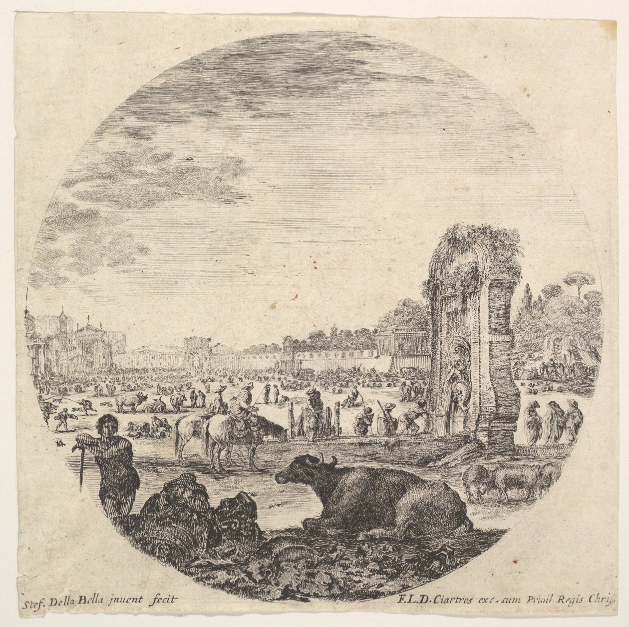 Ilustração 2: Campo Vaccino, um búfalo e dois pastores no centro, o Fontanone para montar ..., ca. 1643-48. de Stefano della Bella