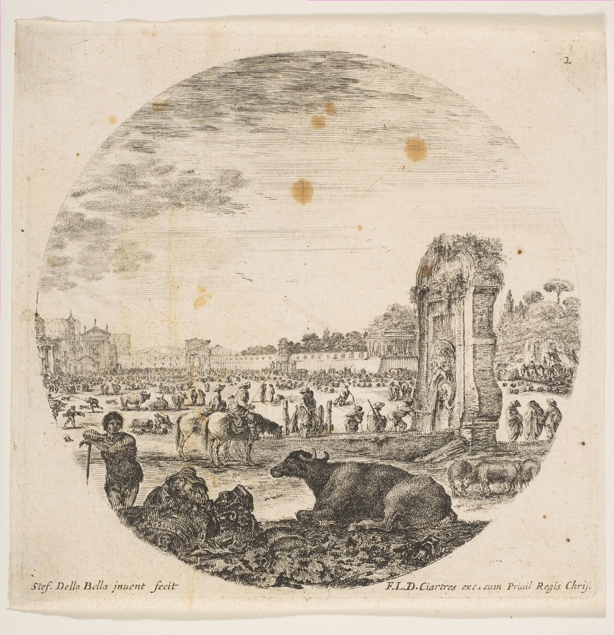Ilustração 2: Campo Vaccino, um búfalo e dois pastores no centro, o Fontanone à direita ..., ca. 1646 de Stefano della Bella