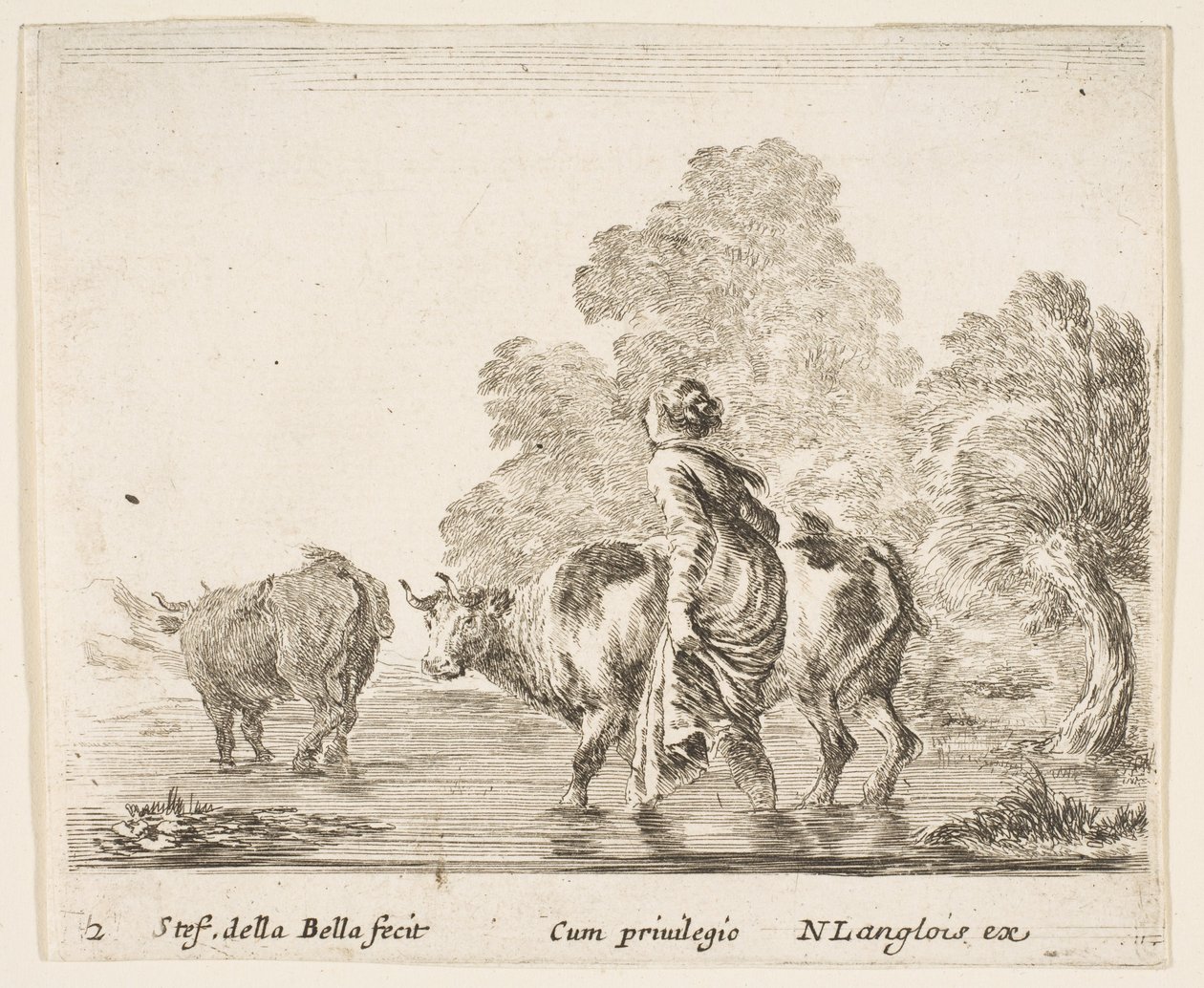 Ilustração 2: uma camponesa cria duas vacas em um riacho, caminhando em direção à esquerda ..., ca. 1644-47. de Stefano della Bella