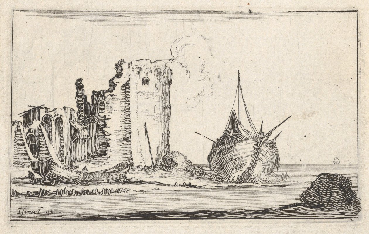 Ilustração 2: um navio à direita e um barco a remos à esquerda, lavado na praia, uma torre em ruínas b ..., ca. 1642 de Stefano della Bella