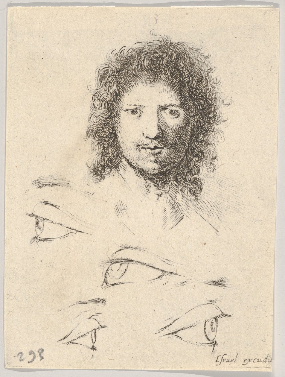 Ilustração 2: no topo, a cabeça de um jovem, vista frontal, no fundo, quatro olhos, de Th ..., ca. 1649 de Stefano della Bella