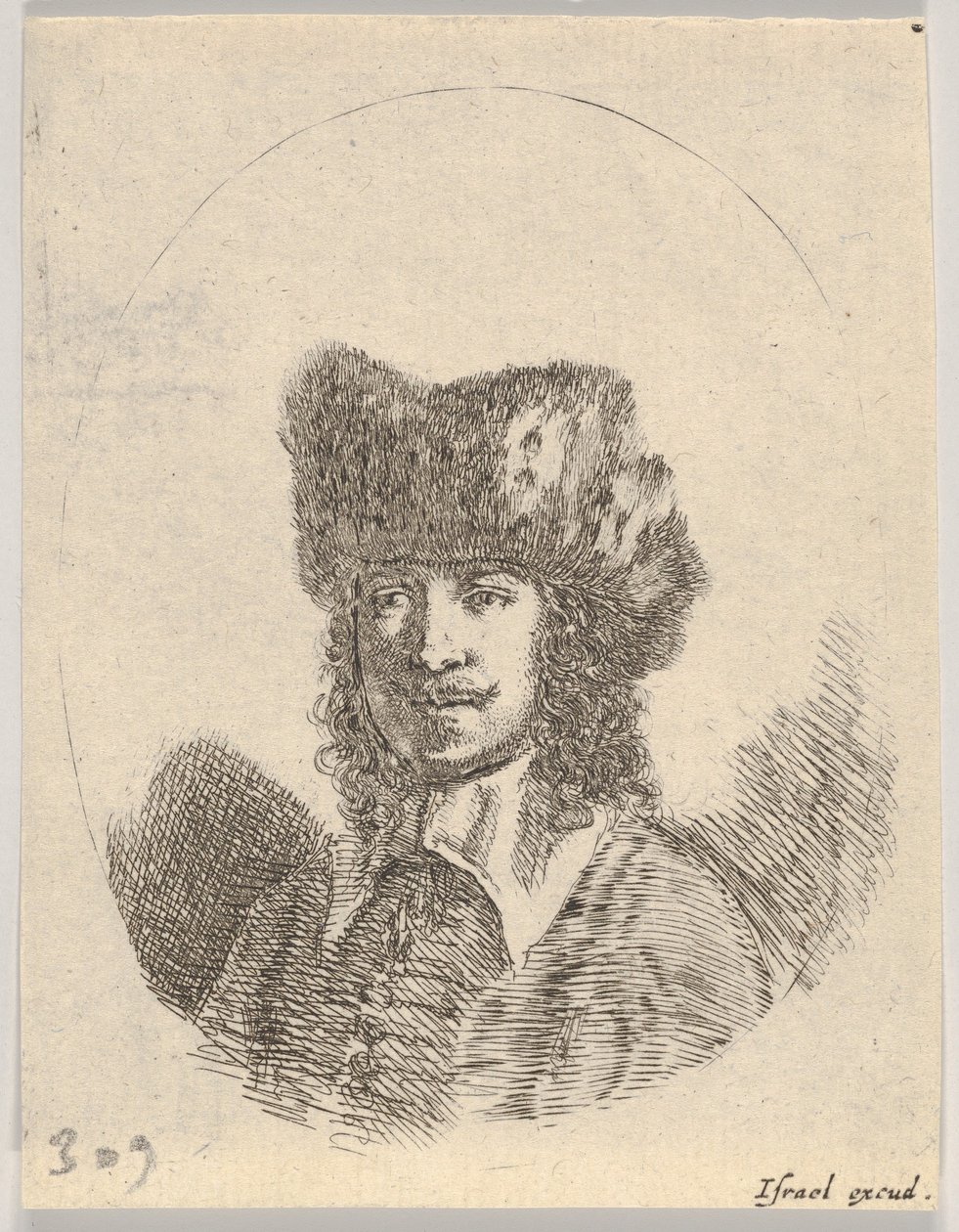 Ilustração 2: cabeça de um homem com bigode e gorro de pele voltado para a esquerda, uma composição oval, de ..., 1650. de Stefano della Bella