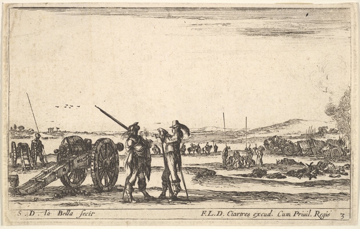 Ilustração 3: Um oficial que dá ordens a um soldado no centro do primeiro plano, canhão à esquerda, f ..., ca. 1641 de Stefano della Bella