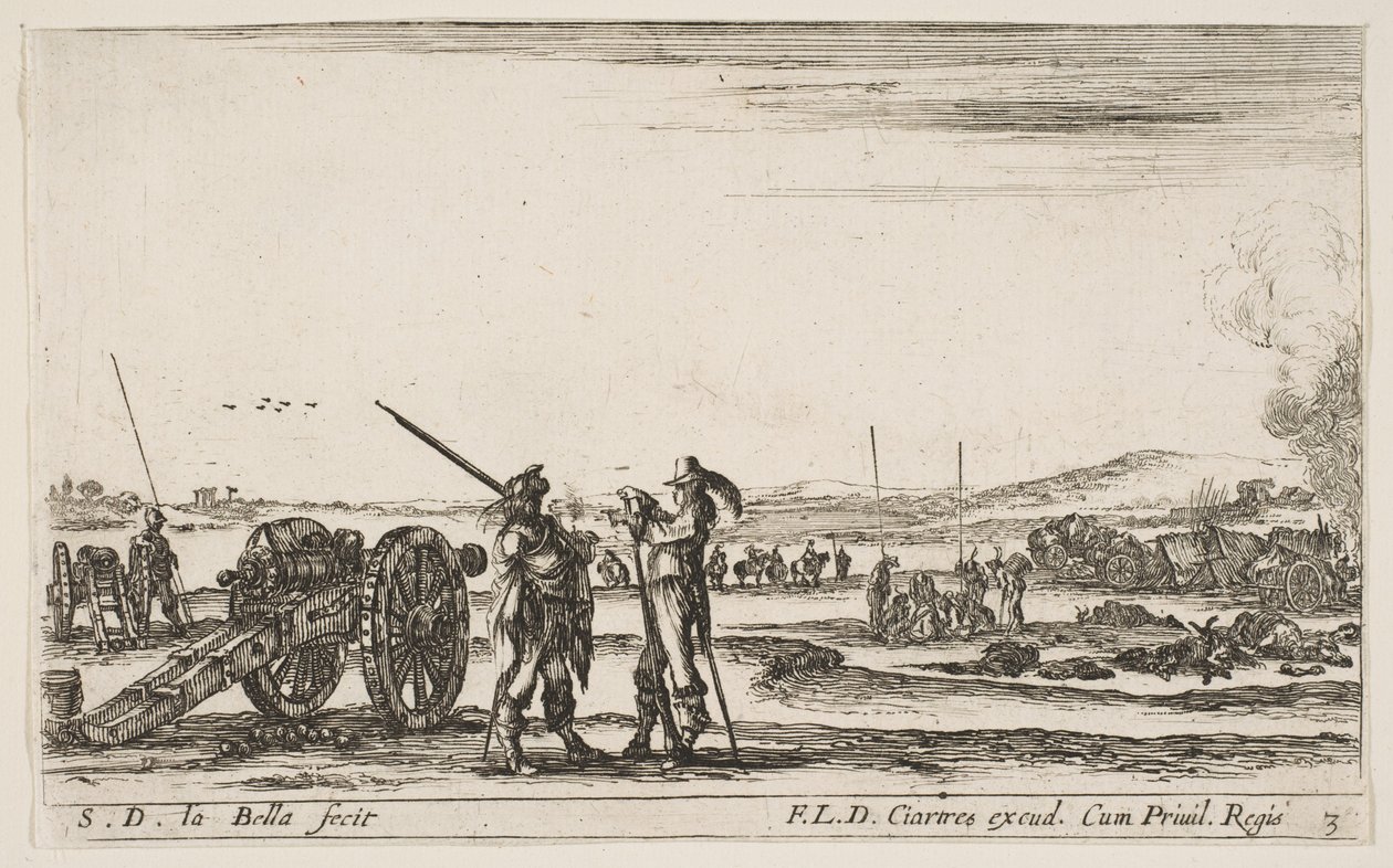 Ilustração 3: Um oficial que dá ordens a um soldado no centro do primeiro plano, canhão à esquerda, f ..., ca. 1641 de Stefano della Bella