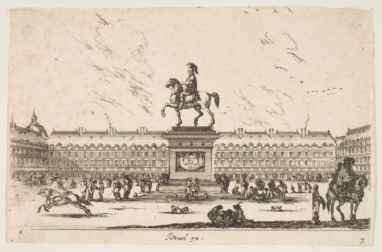 Ilustração 3: La Place Royale, estátua equestre de Luís XIII de perfil voltado para a esquerda em ce ..., 1642. de Stefano della Bella