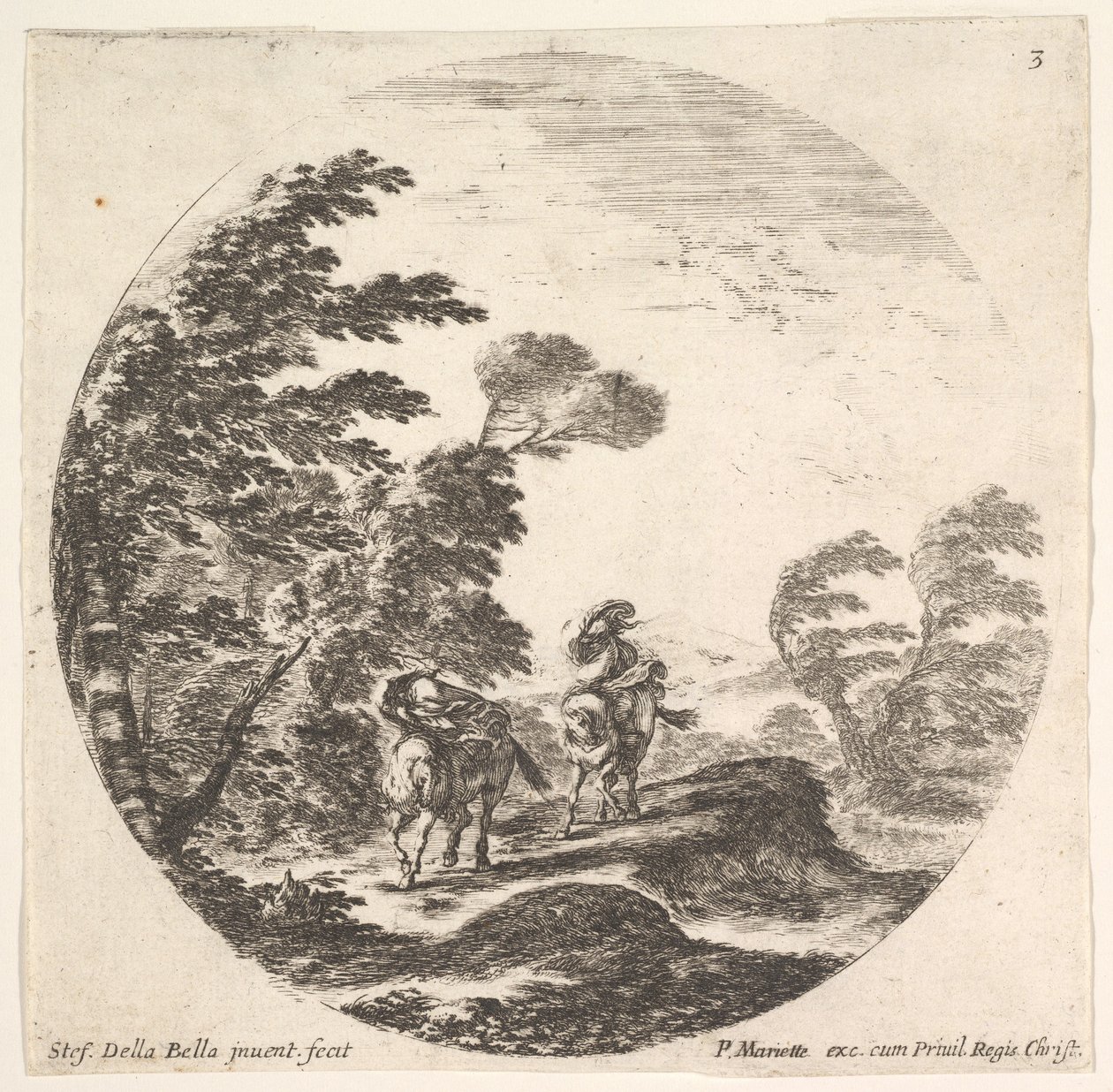 Ilustração 3: um vendaval na floresta, dois cavaleiros envoltos em seus mantos, o vento é forte ..., ca. 1643-48. de Stefano della Bella