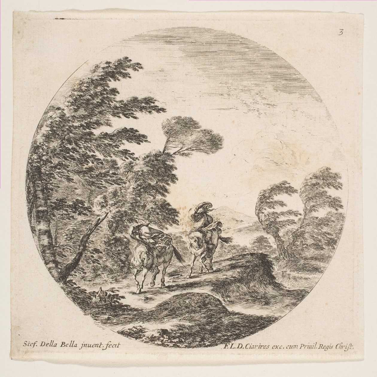Ilustração 3: um vendaval na floresta, dois cavaleiros envoltos em seus mantos, com o vento inchado ..., ca. 1646 de Stefano della Bella