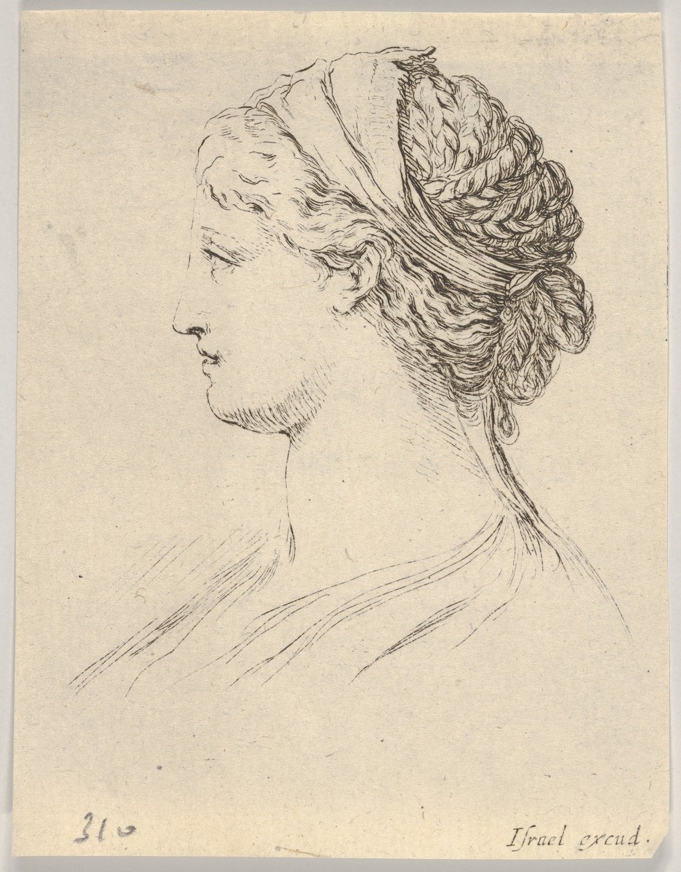 Ilustração 3: cabeça de uma mulher com cabelos trançados, perfilados à direita, de Various ..., 1650. de Stefano della Bella