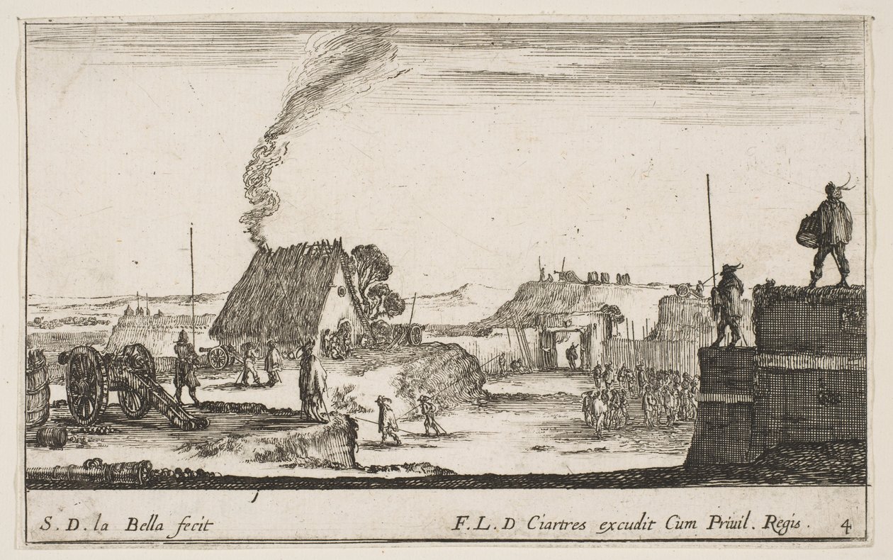 Ilustração 4: Um acampamento militar com um soldado em um parapeito à direita beati ..., ca. 1641 de Stefano della Bella