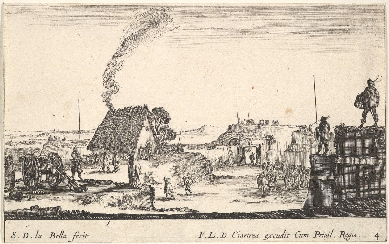 Ilustração 4: Um acampamento militar com um soldado em um parapeito à direita beati ..., ca. 1641 de Stefano della Bella