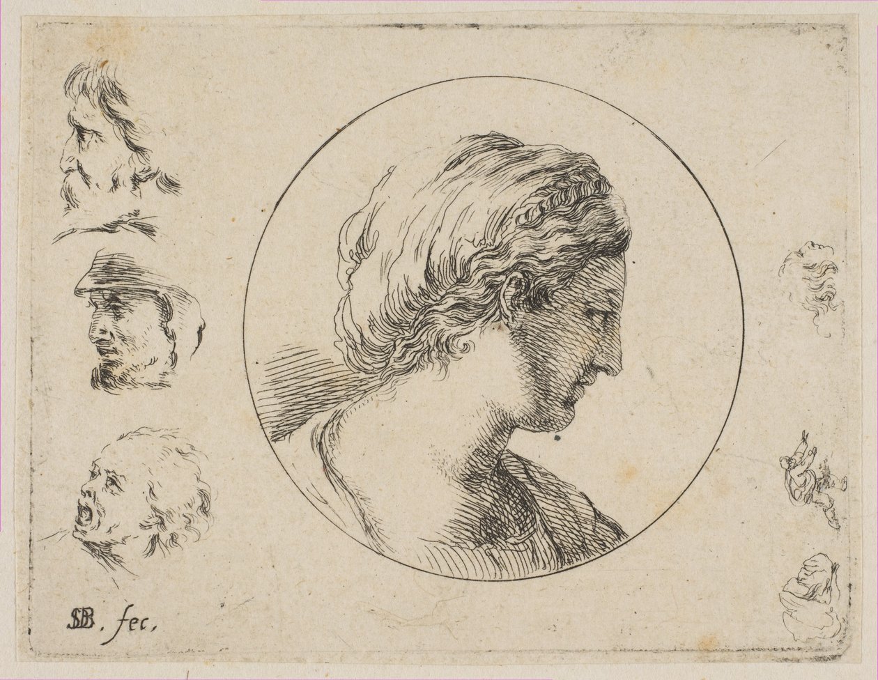 Ilustração 4: Cabeça de uma mulher de perfil, da Segunda coleção de vários rabiscos e etc., ca. 1646 de Stefano della Bella
