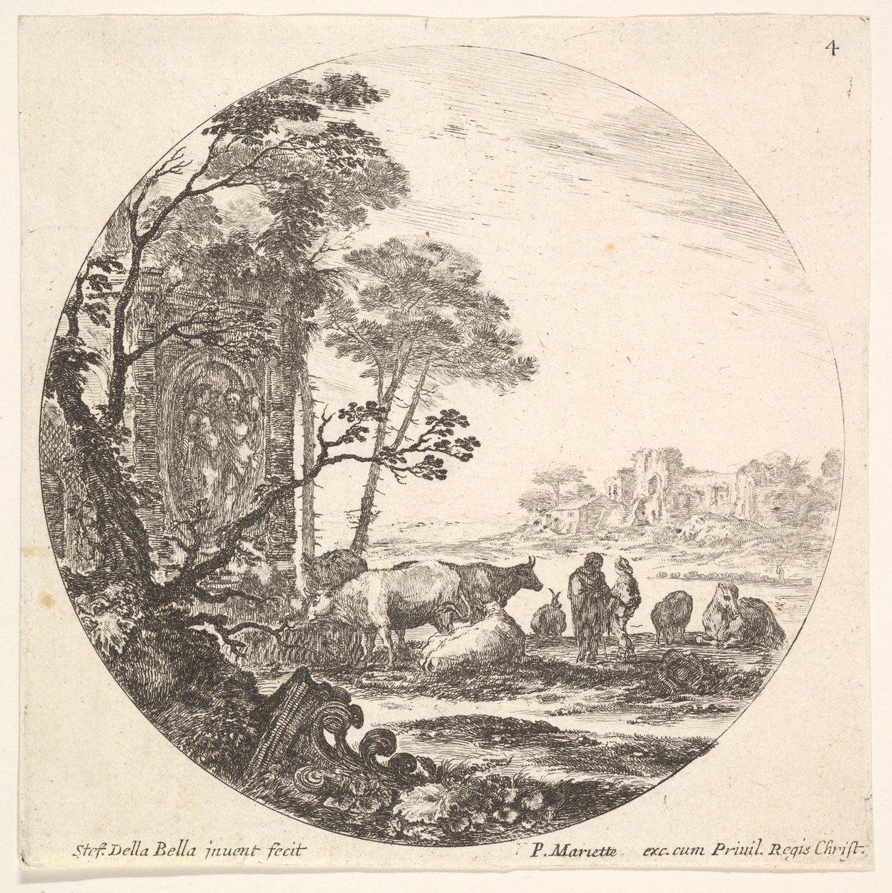 Ilustração 4: uma capital coríntia no chão à esquerda em primeiro plano, um monumento w ..., ca. 1643-48. de Stefano della Bella