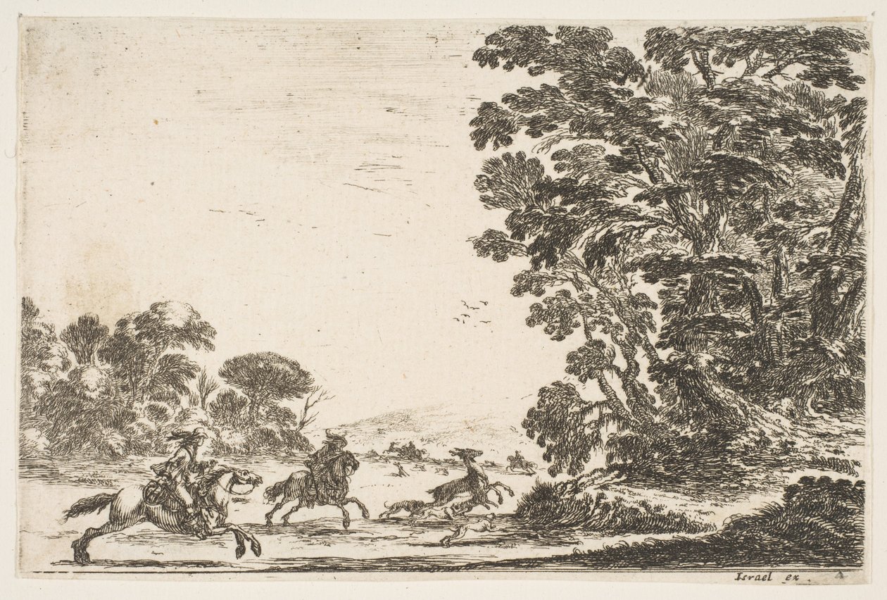 Ilustração 4: uma caça ao cervo, dois cavaleiros galopando para a esquerda atrás de três cães e um cervo ..., 1642. de Stefano della Bella