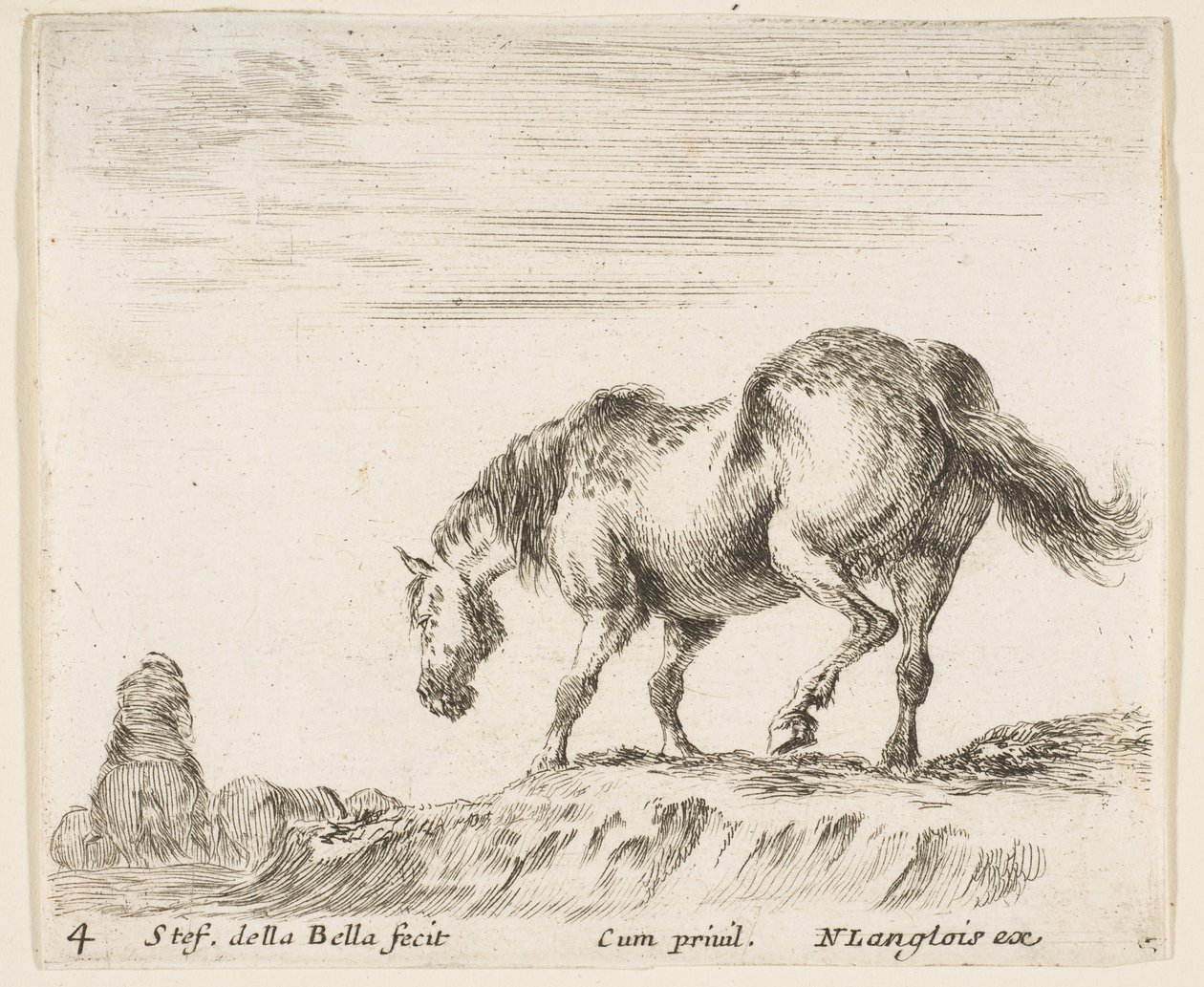 Prato 4: um cavalo de perfil virado para a esquerda, prestes a descer de um monte, um cavalo..., ca. 1644-47. de Stefano della Bella