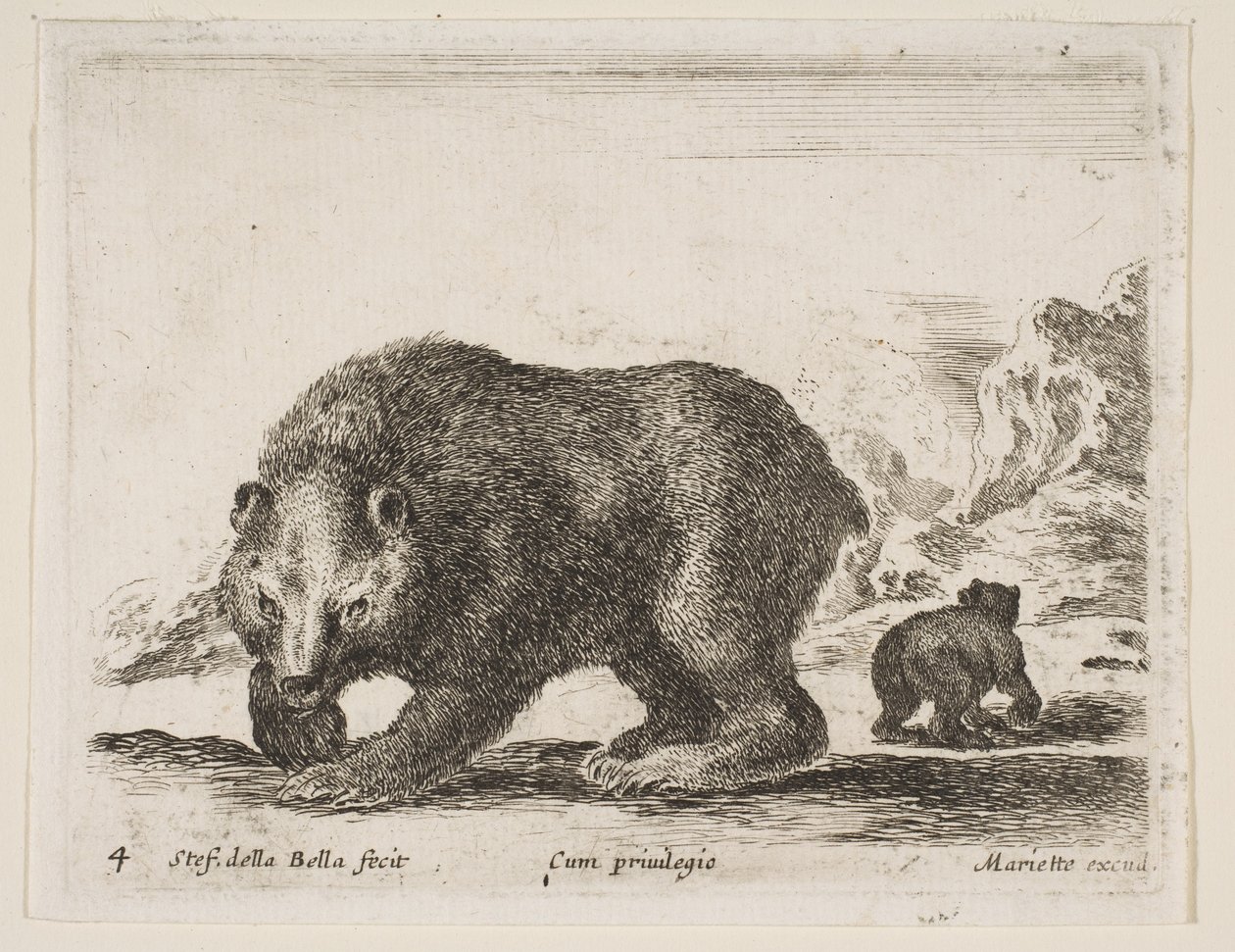 Placa 4: urso, de "Vários animais" Diversi animali, 1641. de Stefano della Bella