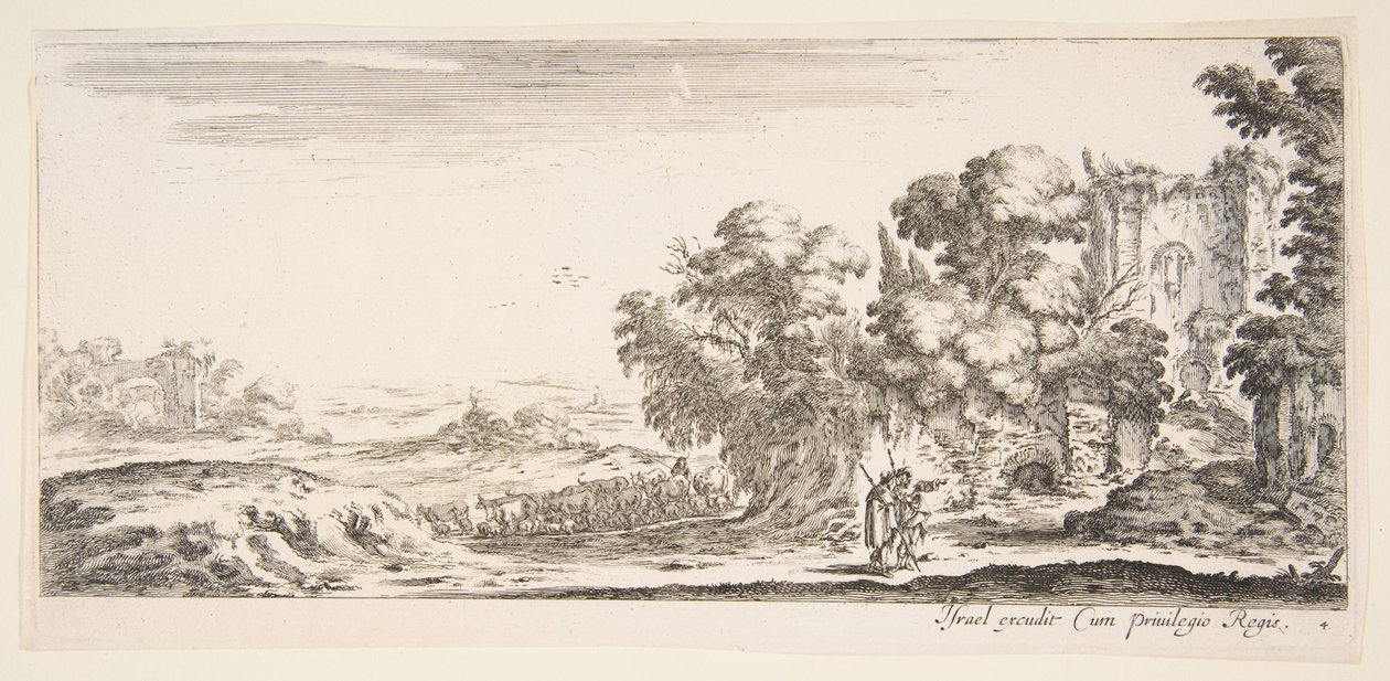 Placa 4: dois peregrinos observando ruínas à direita, um apontando para a direita, um shep..., ca. 1641. de Stefano della Bella