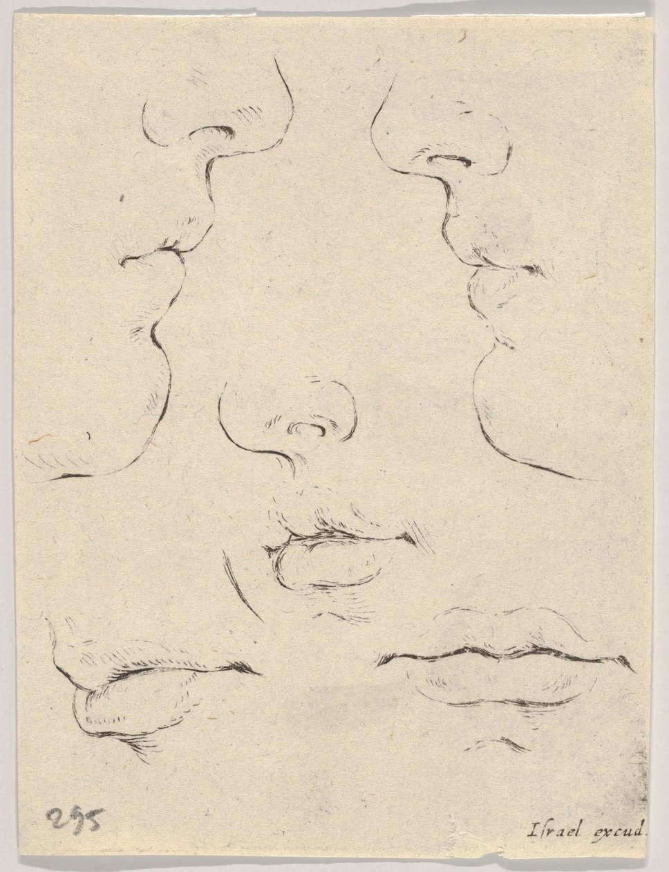 Ilustração 4: dois perfis e três bocas, de The Book for Learning to Draw Livre po ..., ca. 1649 de Stefano della Bella