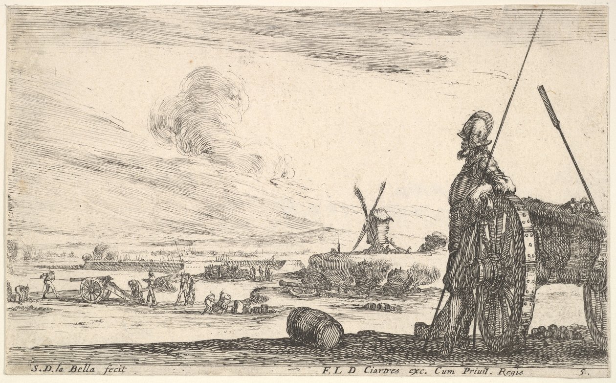 Ilustração 5: Um Pikeman parado ao lado de um cânone, outras figuras militares na ba ..., ca. 1641 de Stefano della Bella