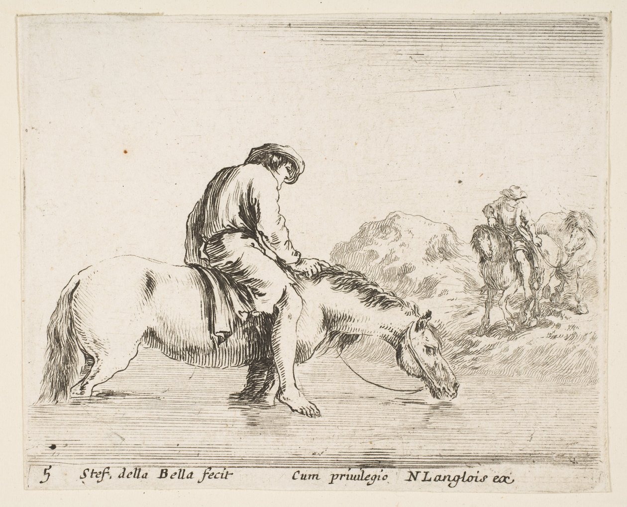 Ilustração 5: um camponês descalço a cavalo atravessando um rio, outro camponês a cavalo ..., ca. 1644-47. de Stefano della Bella