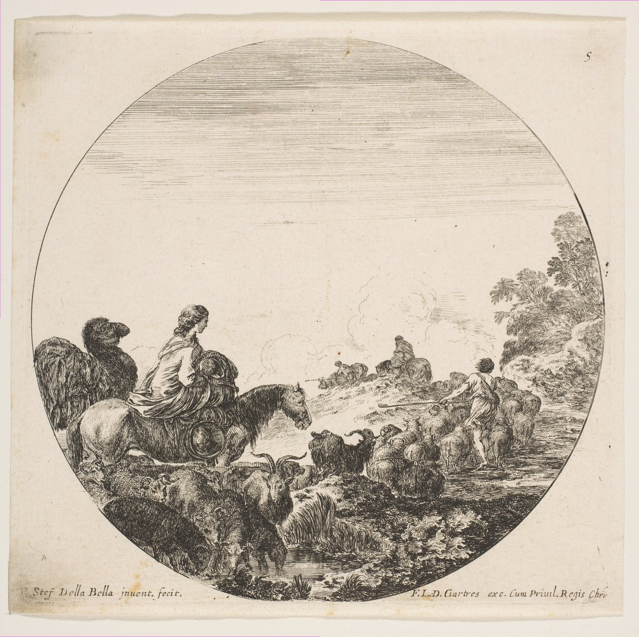 Ilustração 5: uma mulher carregando uma criança a cavalo à esquerda, um camelo a seguindo, um rebanho de ..., ca. 1646 de Stefano della Bella