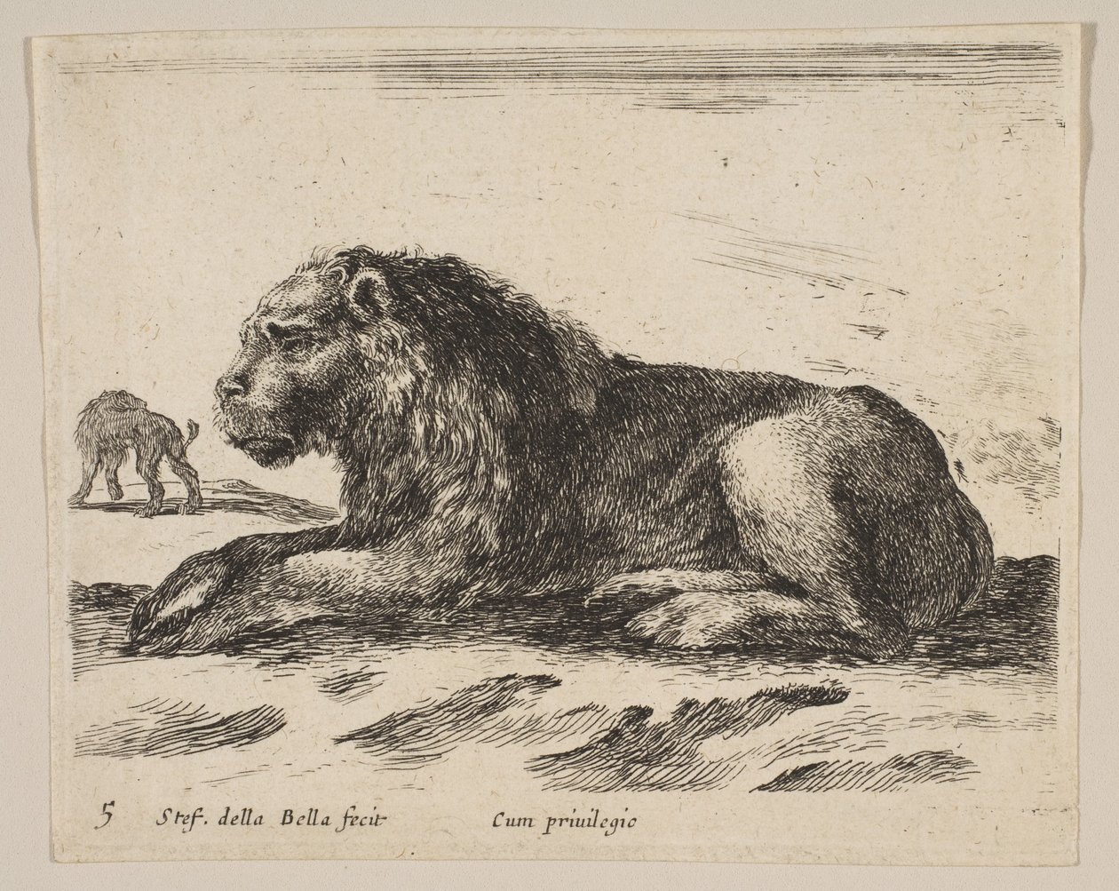 Ilustração 5: leão reclinado, de Various animals Diversi animali, ca. 1641 de Stefano della Bella