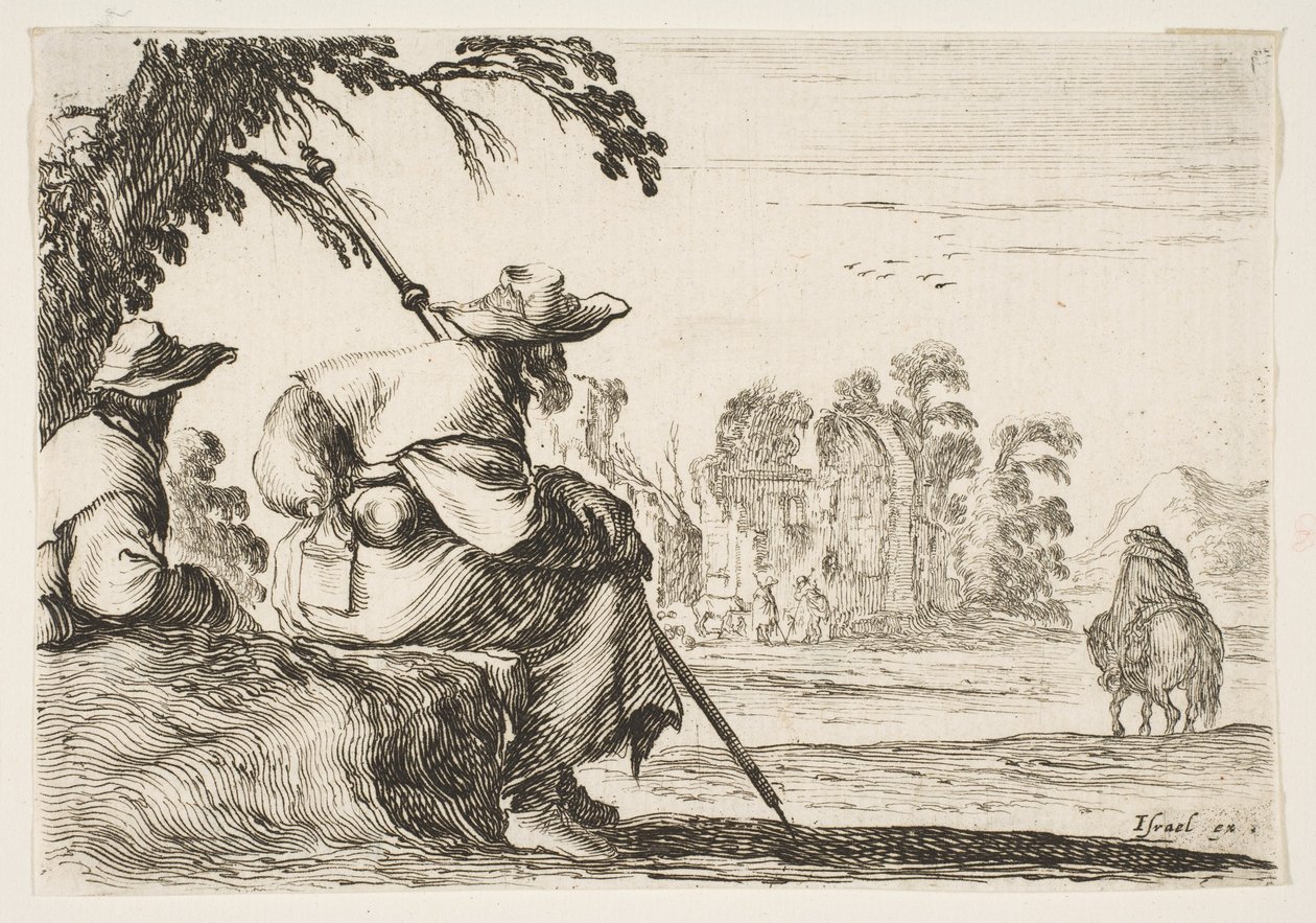 Ilustração 5: dois peregrinos com chapéus descansam à esquerda, vistos por trás, um cavaleiro cavalga até ..., 1642. de Stefano della Bella