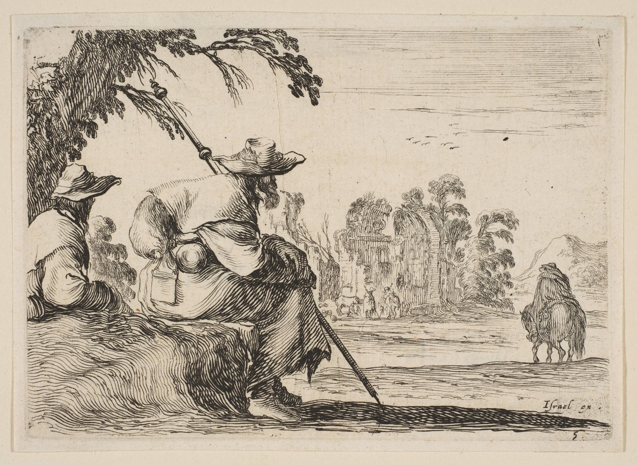 Ilustração 5: dois peregrinos com chapéus descansam à esquerda, vistos por trás, um cavaleiro cavalga até ..., 1642. de Stefano della Bella