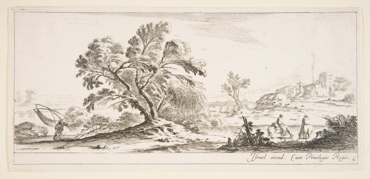 Ilustração 6: um pescador carregando uma rede para a esquerda, dois cavaleiros em um riacho para a direita, uma árvore ..., ca. 1641 de Stefano della Bella