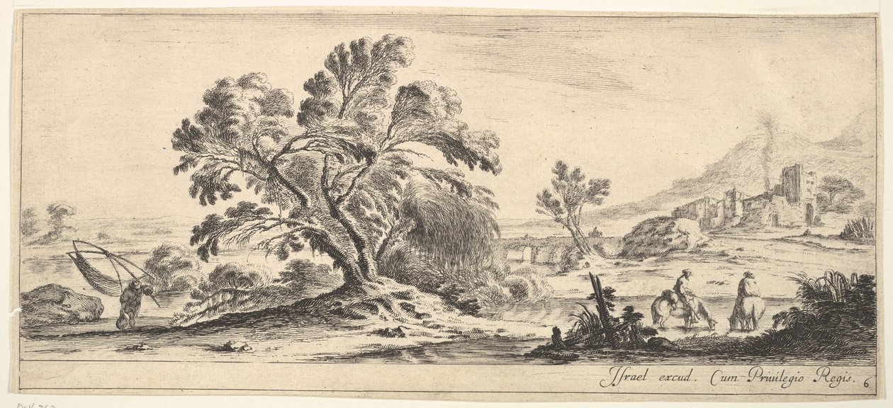 Ilustração 6: um pescador carregando uma rede para a esquerda, dois cavaleiros em um riacho para a direita, uma árvore ..., ca. 1641 de Stefano della Bella