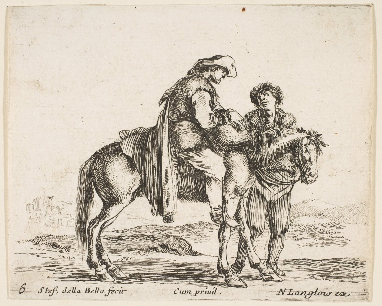 Ilustração 6: um camponês a cavalo de perfil voltado para a direita, segurando uma cesta et ..., ca. 1644-47. de Stefano della Bella