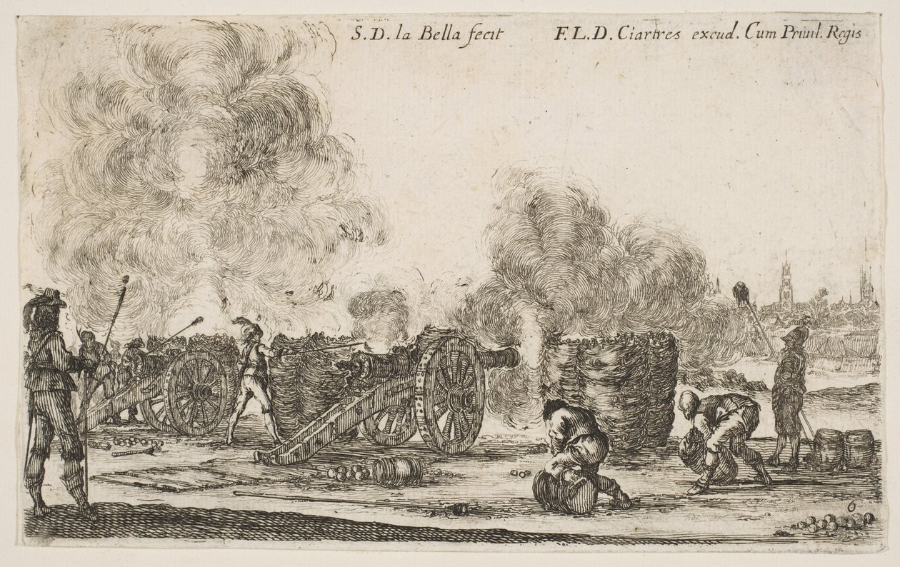 Ilustração 6: bateria de canhões disparando contra uma cidade, de Various Military Caprices Varii ..., ca. 1641 de Stefano della Bella