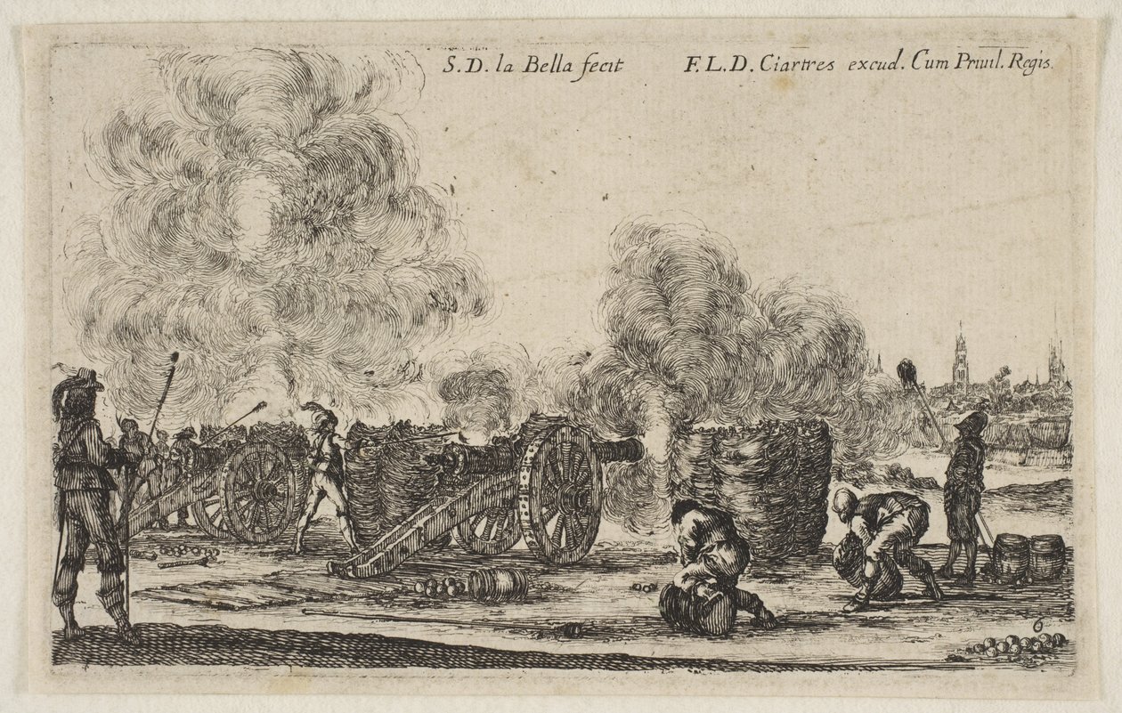 Ilustração 6: bateria de canhões disparando contra uma cidade, de Various Military Caprices Varii ..., ca. 1641 de Stefano della Bella