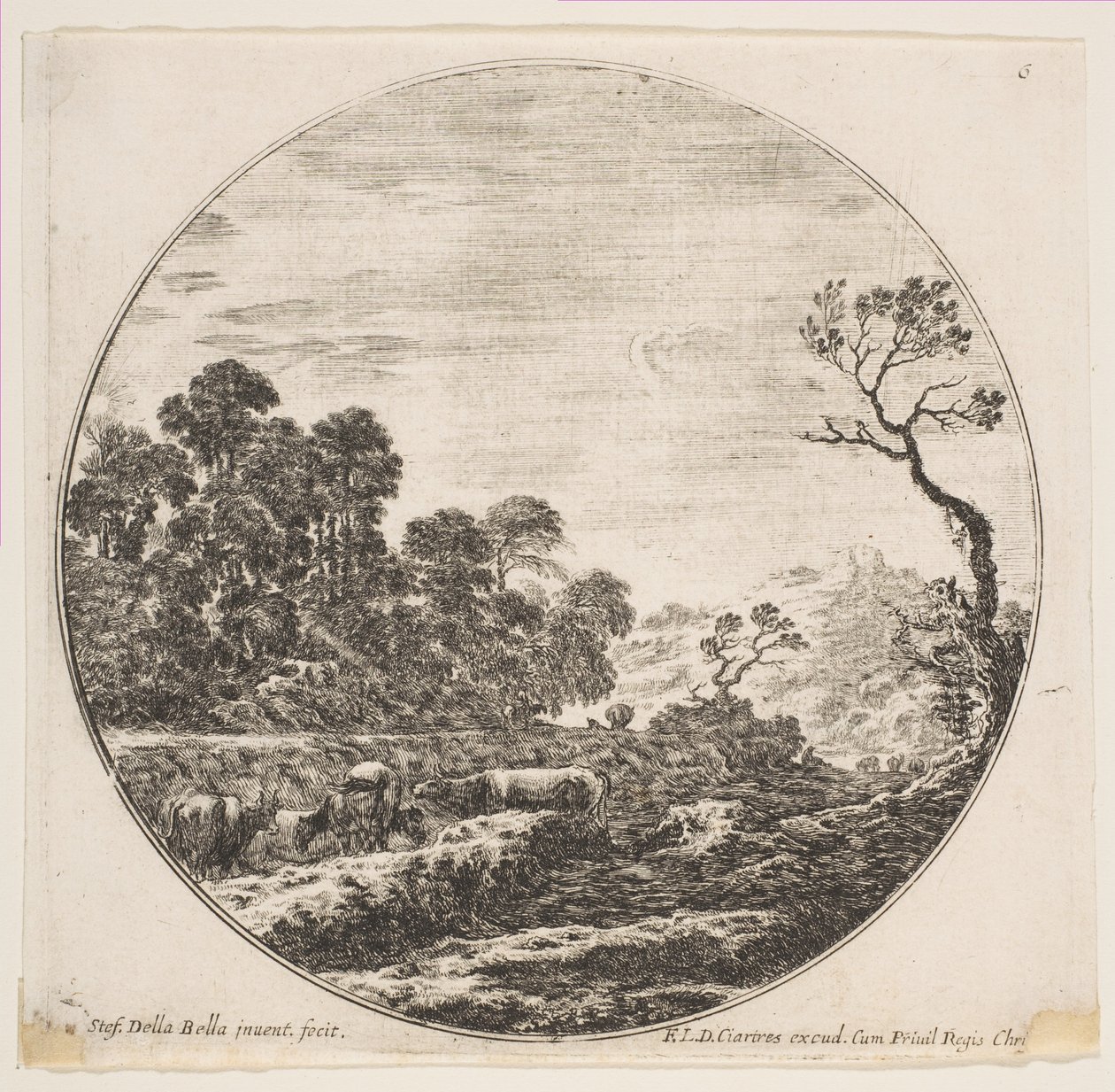 Ilustração 6: vacas cruzando um vale à esquerda, um cavaleiro e outras vacas ao fundo ..., ca. 1646 de Stefano della Bella