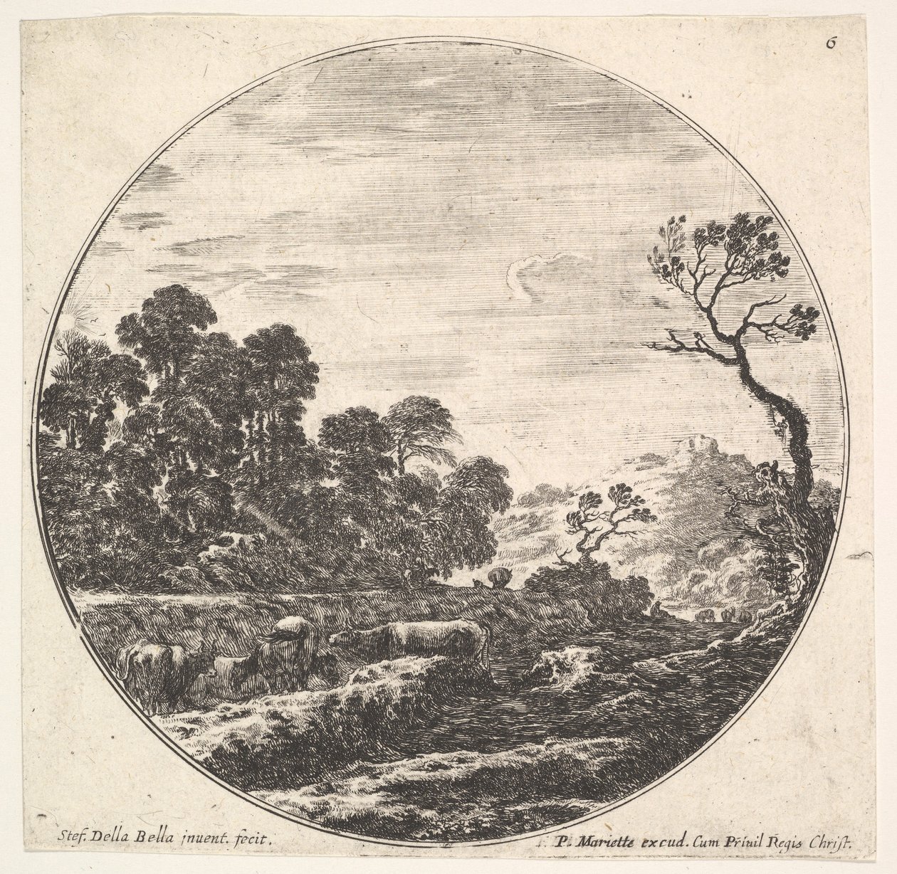 Ilustração 6: vacas cruzando um vale para a esquerda, um grupo de árvores para a esquerda, um cavaleiro e o ..., ca. 1643-48. de Stefano della Bella