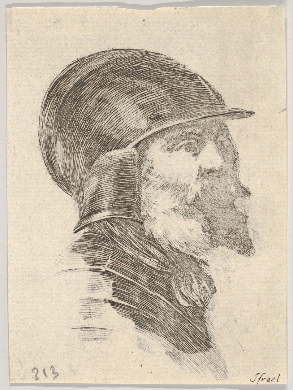 Ilustração 6: cabeça de um velho soldado barbudo usando um capacete voltado para a direita, de Various heads ..., 1650. de Stefano della Bella