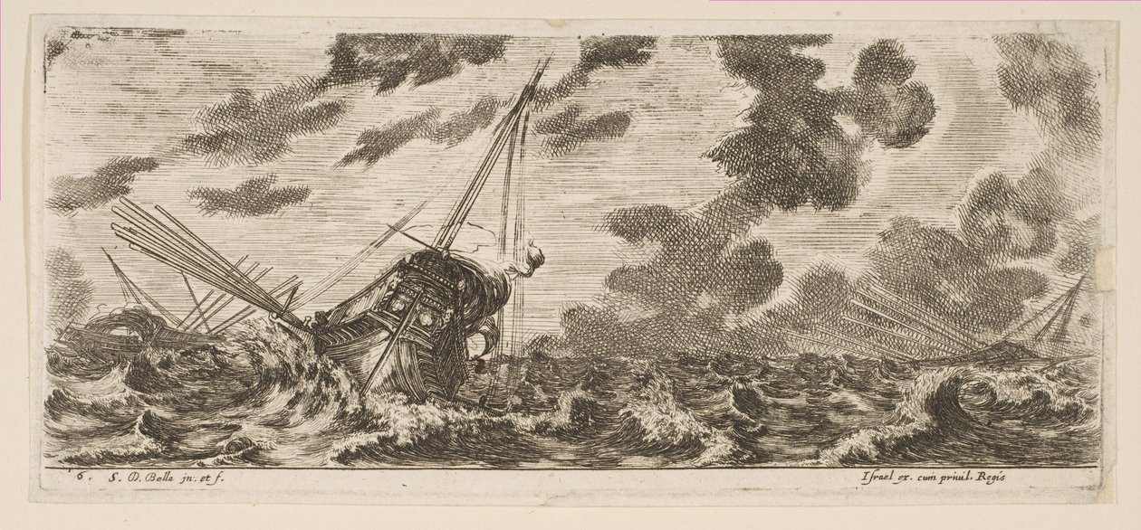 Ilustração 6: três navios em uma tempestade, dos embarques de Various Embarkations Divers, ca. 1646-47. de Stefano della Bella