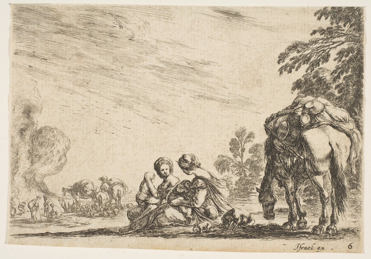 Ilustração 6: duas mulheres, uma amamentando uma criança, sentada ao lado de um cachorro e um cavalo carregando uma matilha ..., 1642. de Stefano della Bella