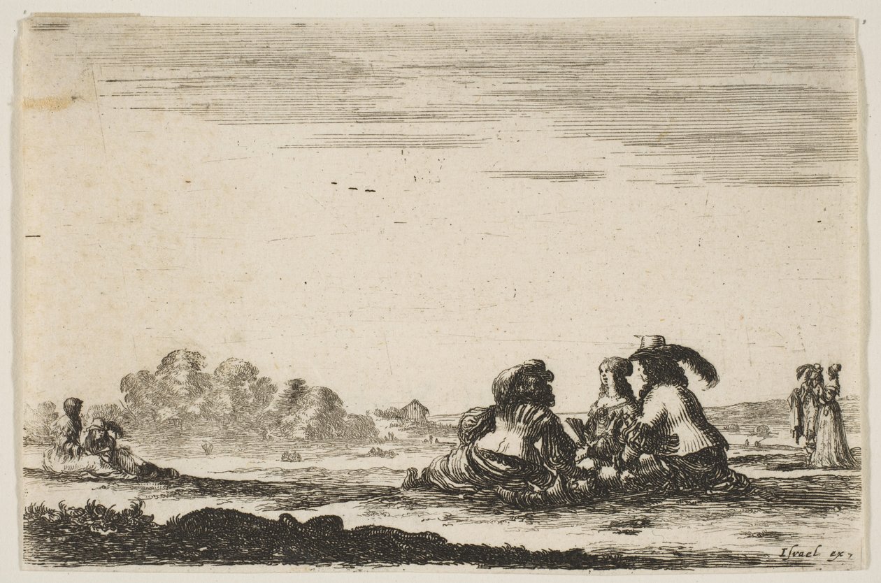 Ilustração 7: Dois nobres sentados no centro, vistos por trás, conversando com um mar nobre ..., 1642. de Stefano della Bella