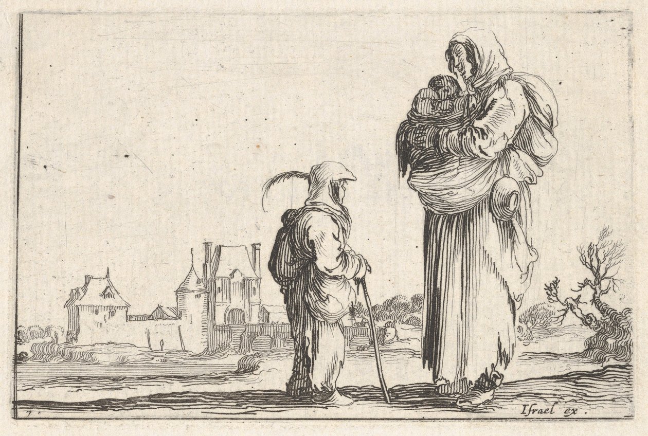 Ilustração 7: uma camponesa carregando uma criança para a direita, falando com outra criança em pé..., ca. 1642. de Stefano della Bella