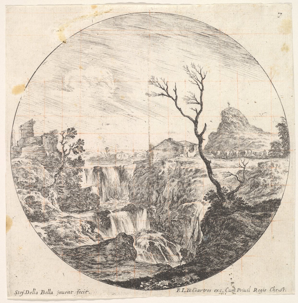 Ilustração 7: uma cascata tripla, uma árvore morta à direita, uma montanha e um rebanho de vacas para ..., ca. 1643-48. de Stefano della Bella