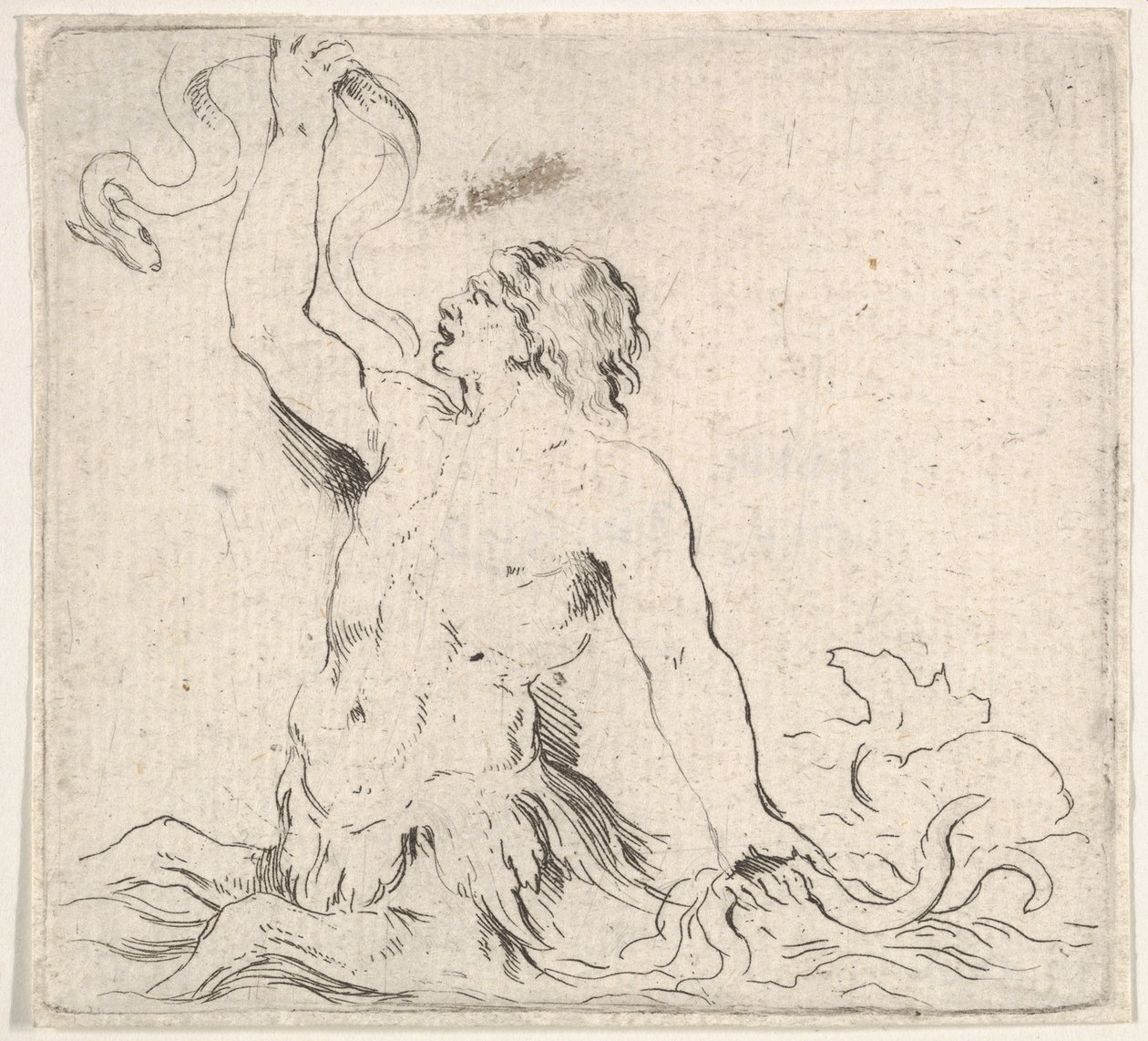 Prancha 7: um tritão na água, virado para a esquerda, segurando uma enguia na mão direita e t..., ca. 1646. de Stefano della Bella
