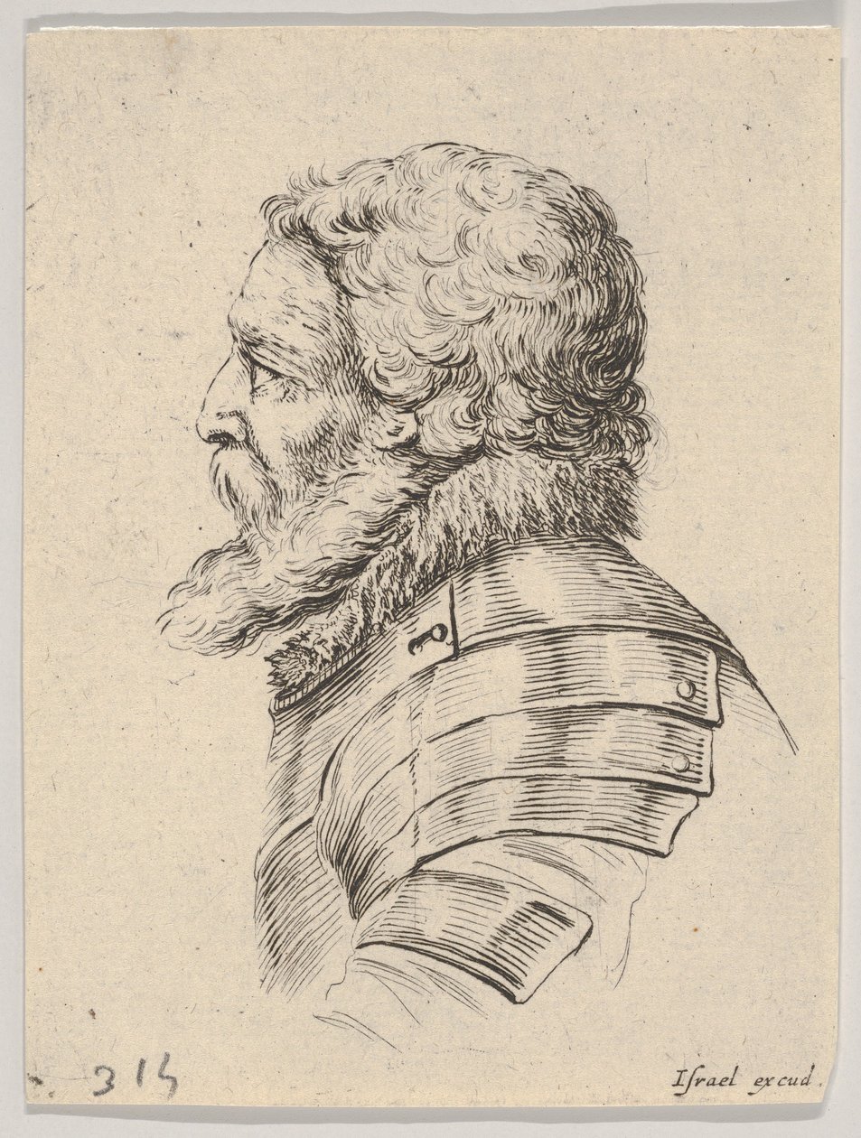 Ilustração 7: busto de um soldado barbudo usando armadura, voltado para a esquerda no perfil, de Various, ele ..., 1650. de Stefano della Bella